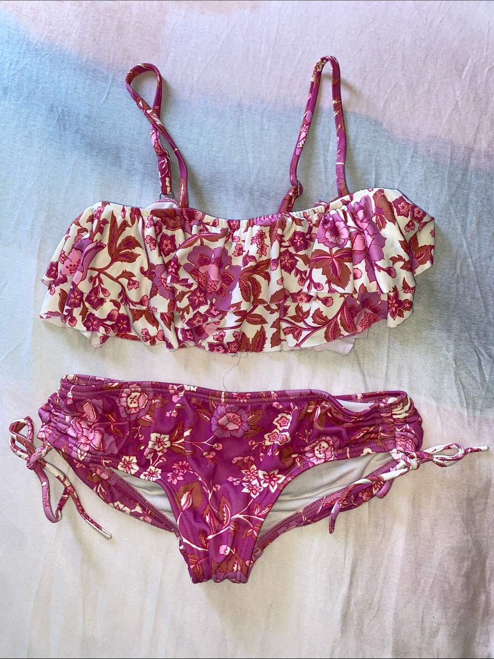 Billabong Pink Floral Ruffle Bikini Set Girls Size 8 USED